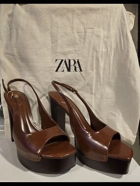 ZARA Brown Leather Platform Slingback Heels